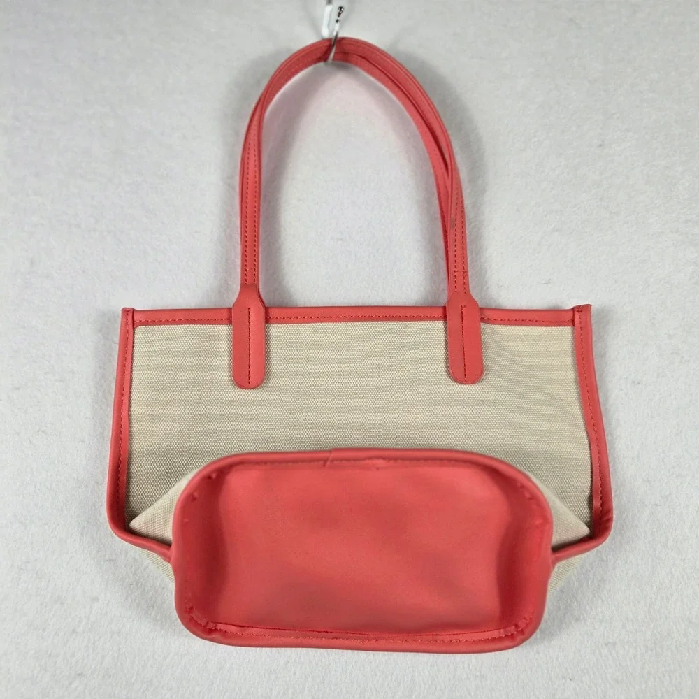 Steve Madden Canvas Tote Bag Womens Small Cream Pink Logo Casual (S10)